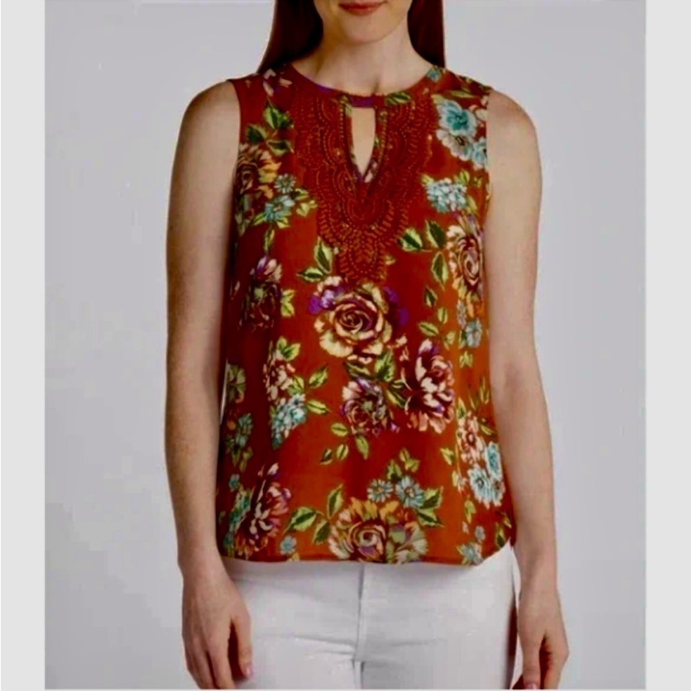 Daniel rainn Burnt Orange Quin Sleeveless Floral Keyhole Top PS